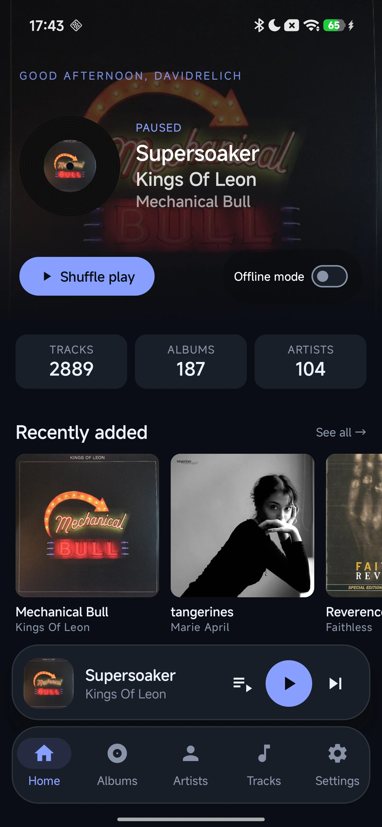 After2AM Audio on Android showing the home dashboard, recently added albums, and offline mode