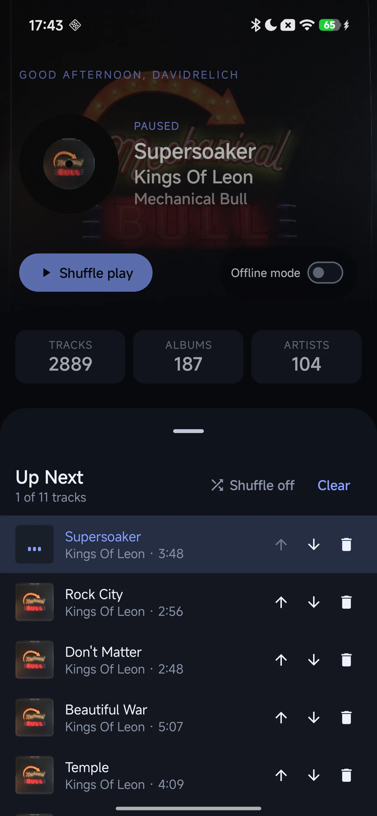 After2AM Audio on Android showing the Up Next queue with reorder and remove controls