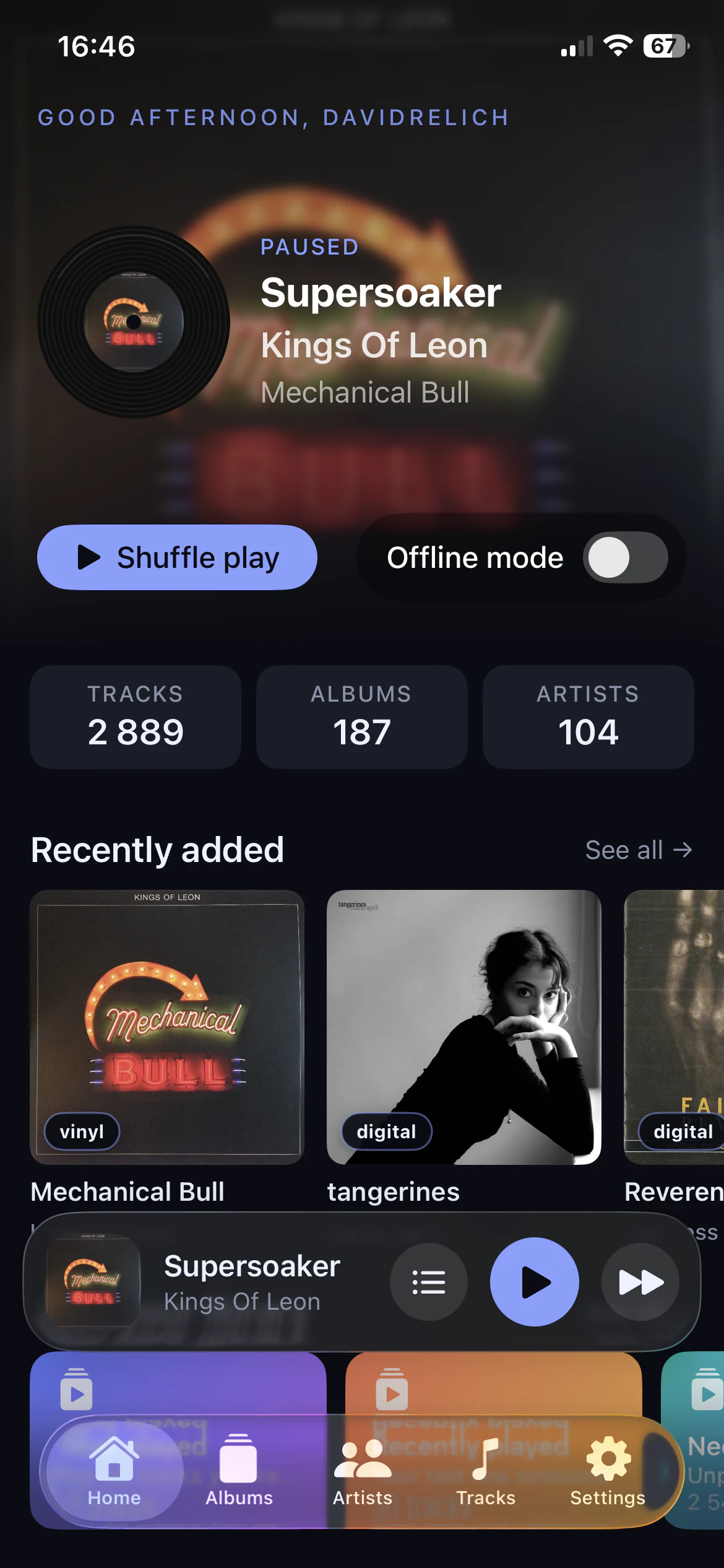 After2AM Audio on iPhone showing the home dashboard, recently added albums, and offline mode