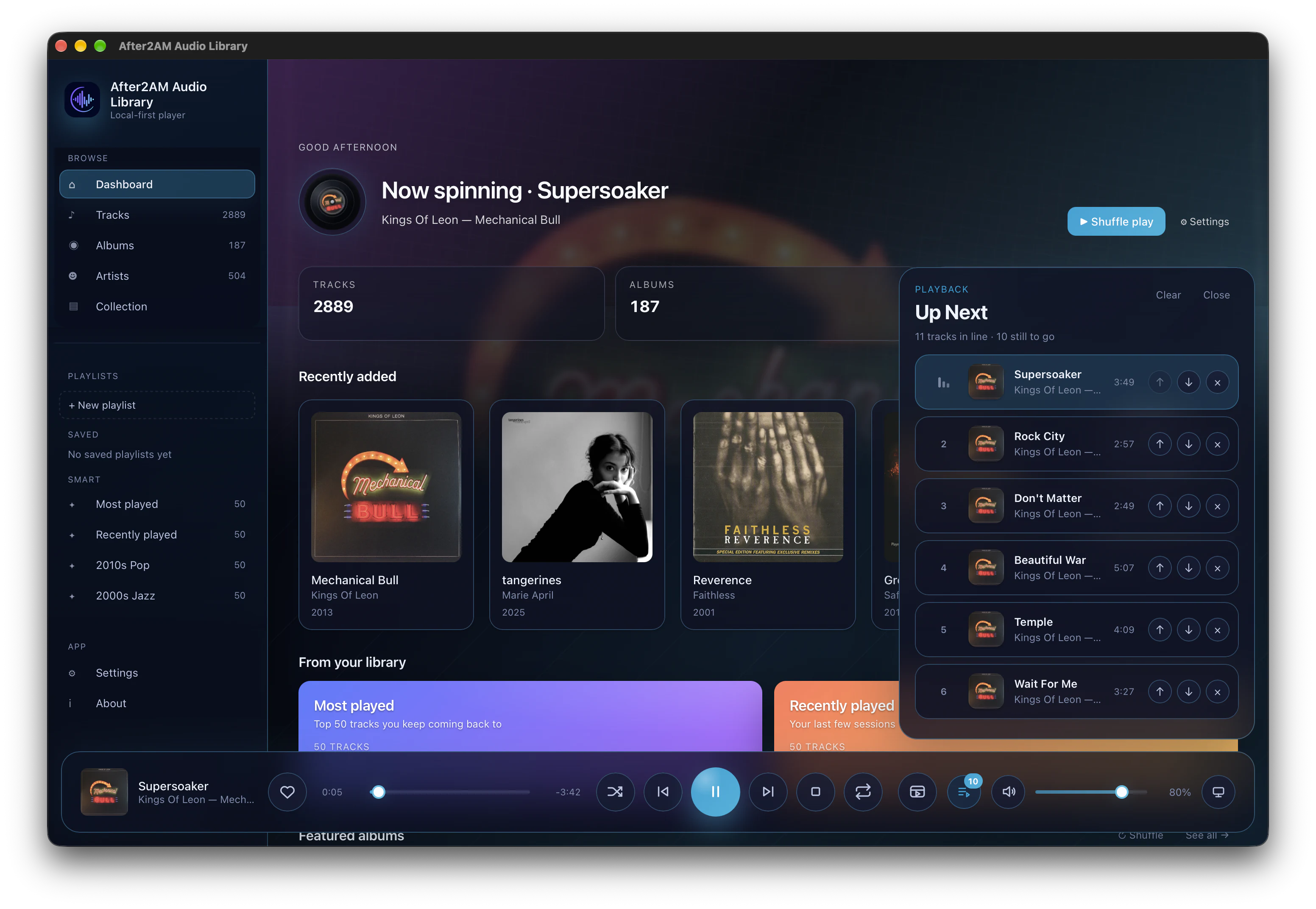 After2AM Audio Library dashboard with albums, smart playlists, and the playback queue