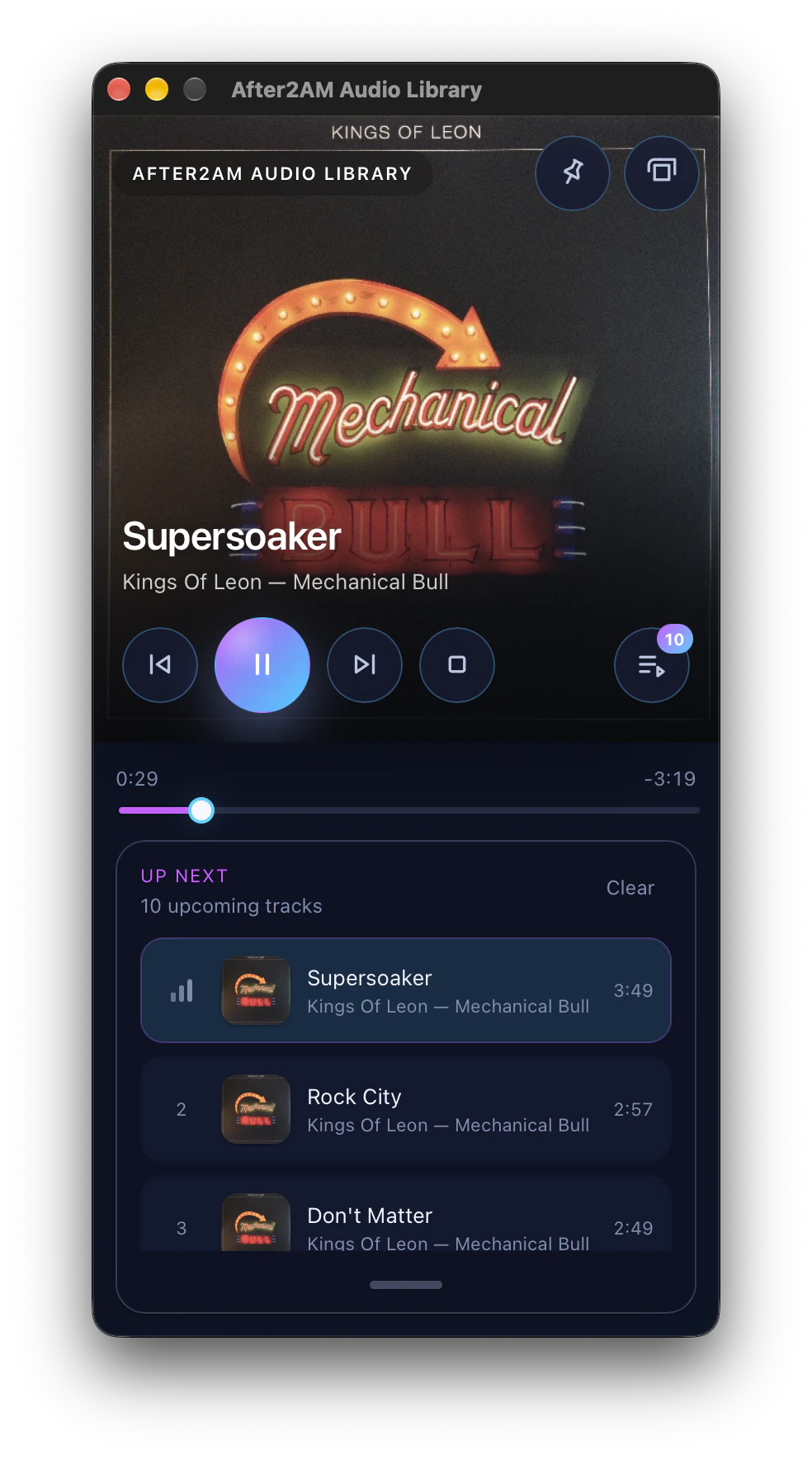 Audio Library mini-player with playback controls and the Up Next queue