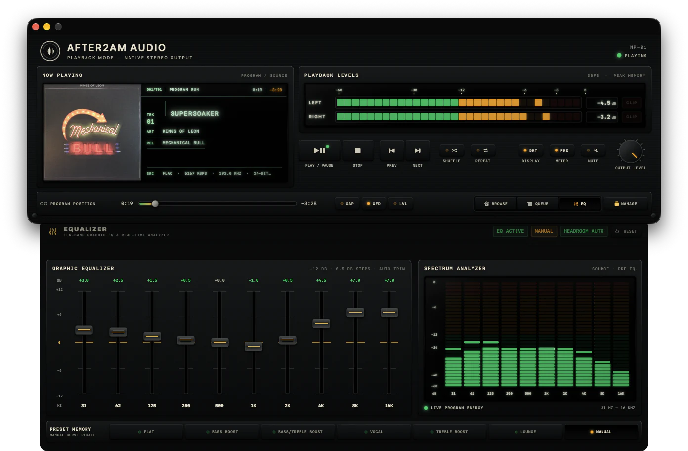 After2AM Audio for Mac with the ten-band equalizer and spectrum analyzer expanded